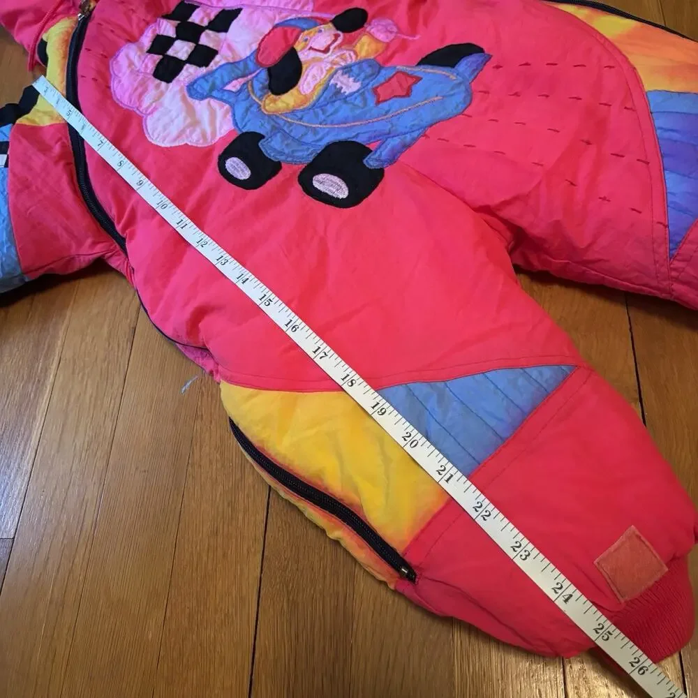 Vintage 90s BABY FOG 18 Month Bunting Winter Coat Jacket Play Race Car Fade Pink